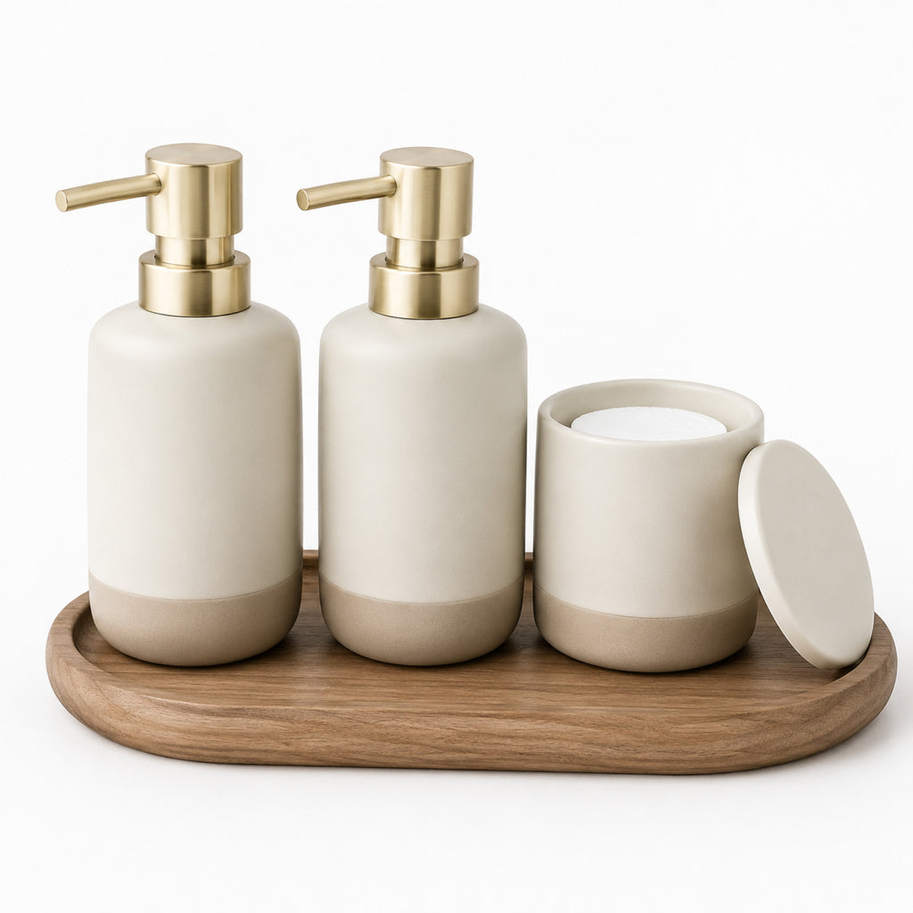 Distributeur & Plateau Harmonie – Set lavabo ivoire et noyer clair