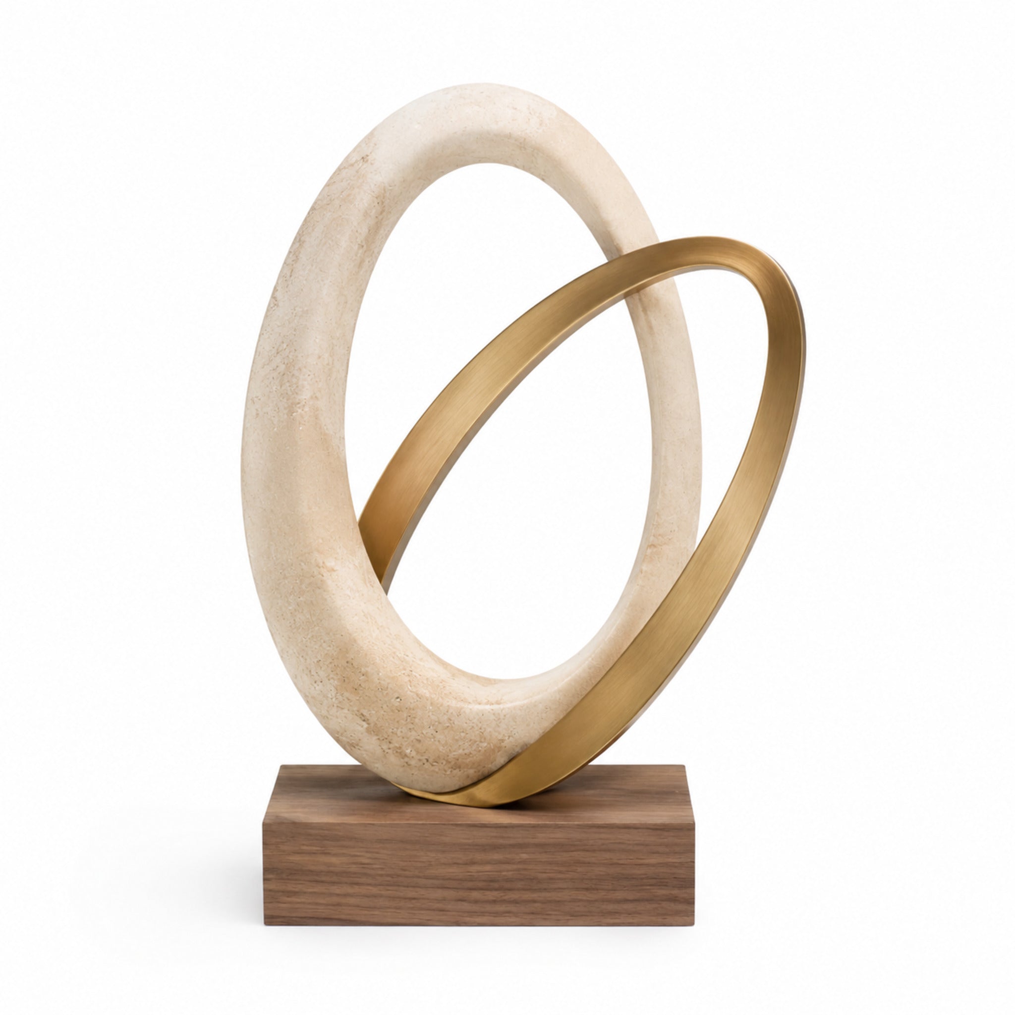 Sculpture Halo – Objet décoratif circulaire champagne et noyer clair