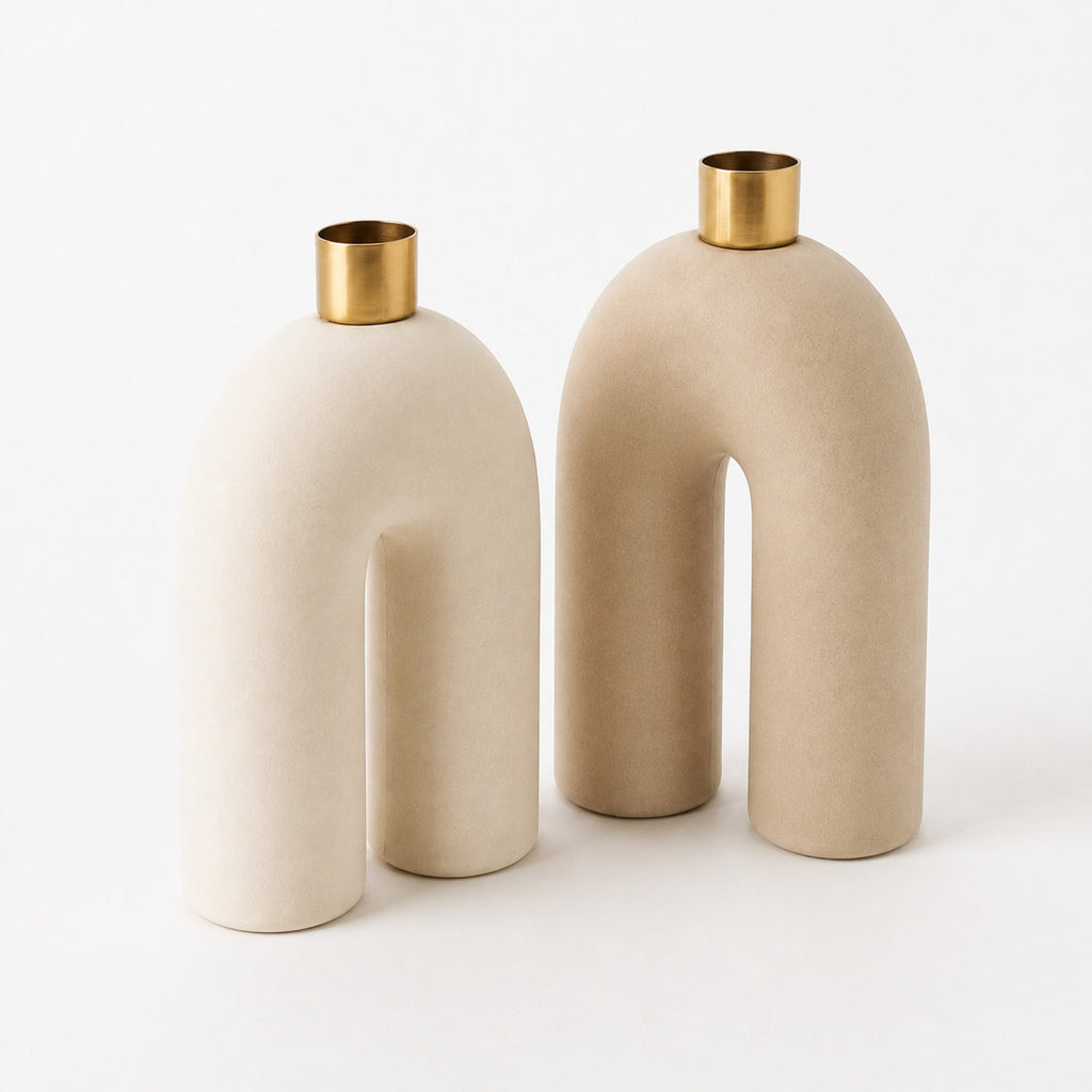 Bougeoir Arche – Duo sculptural ivoire et champagne