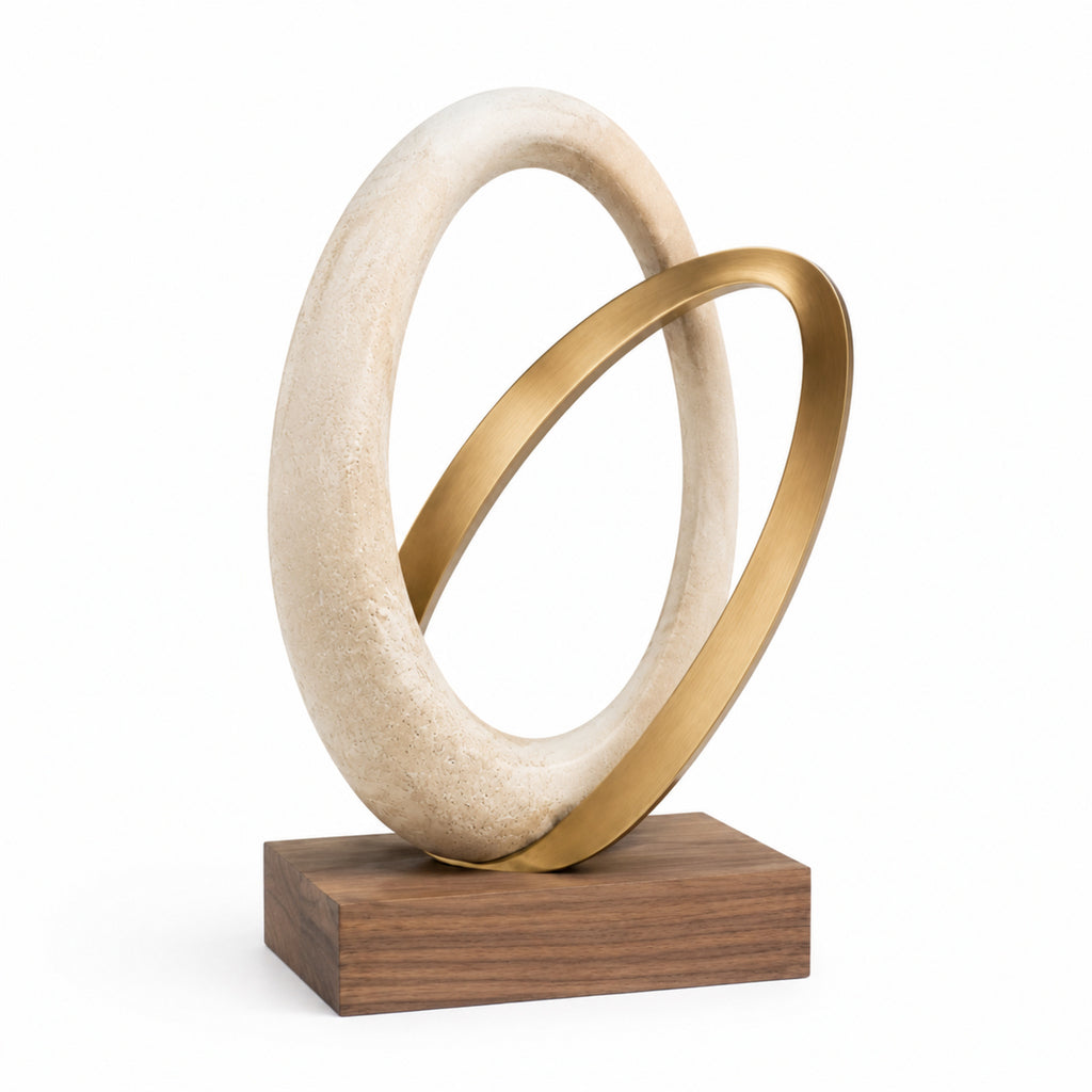 Sculpture Halo – Objet décoratif circulaire champagne et noyer clair