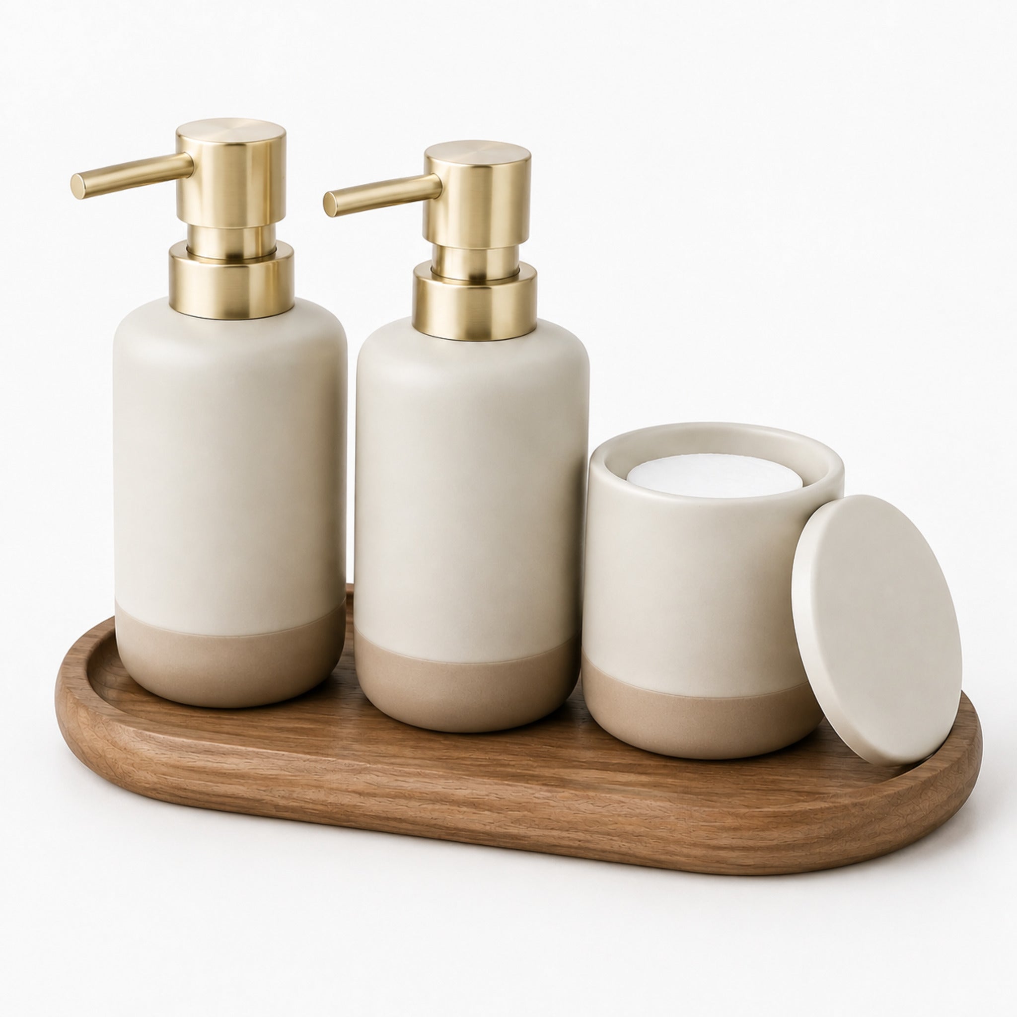 Distributeur & Plateau Harmonie – Set lavabo ivoire et noyer clair