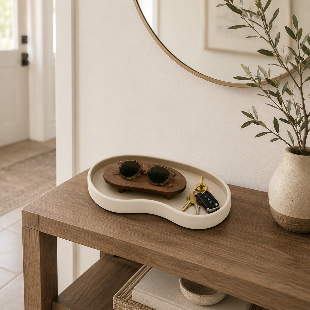 Vide-poches Entrée – Plateau courbe ivoire avec insert noyer