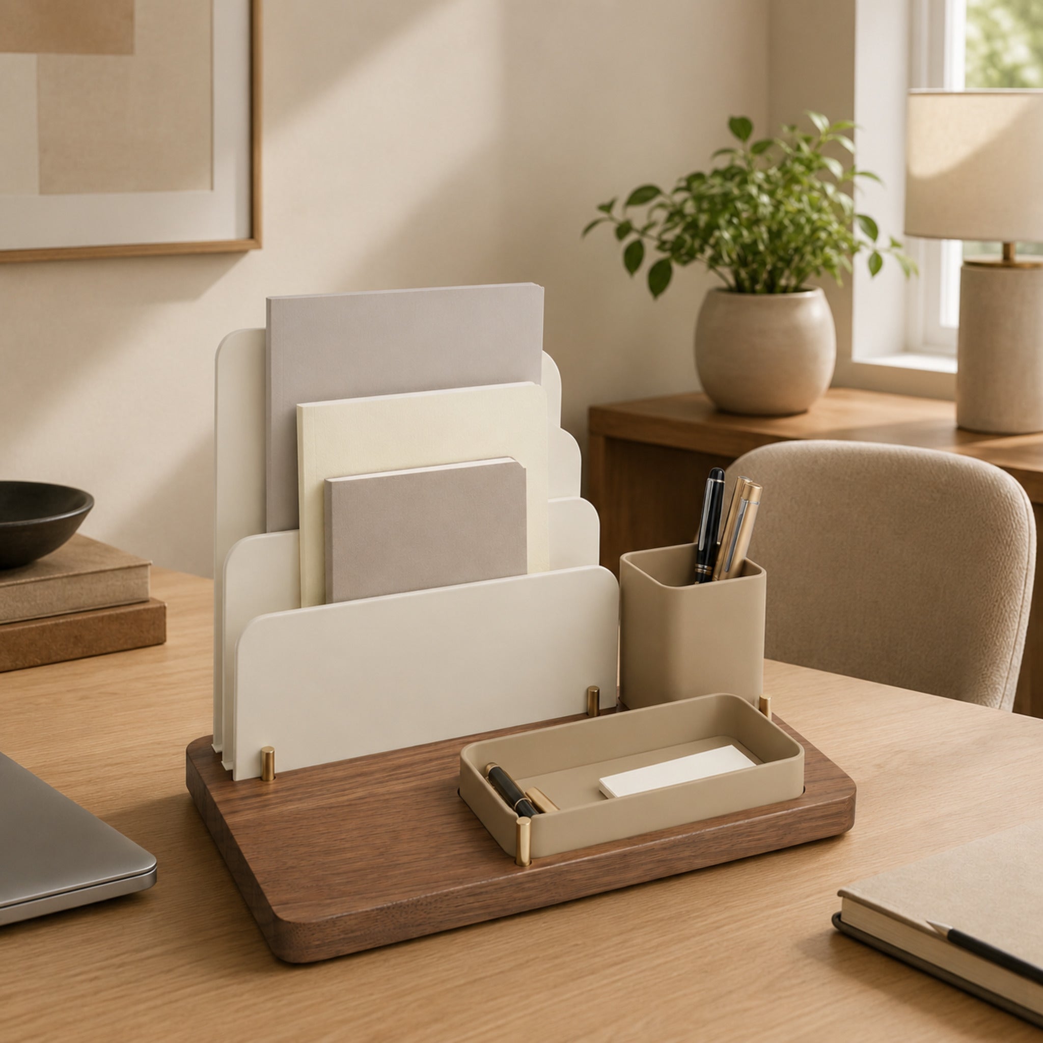 Organiseur de bureau Ligne – Station de rangement noyer clair et crème