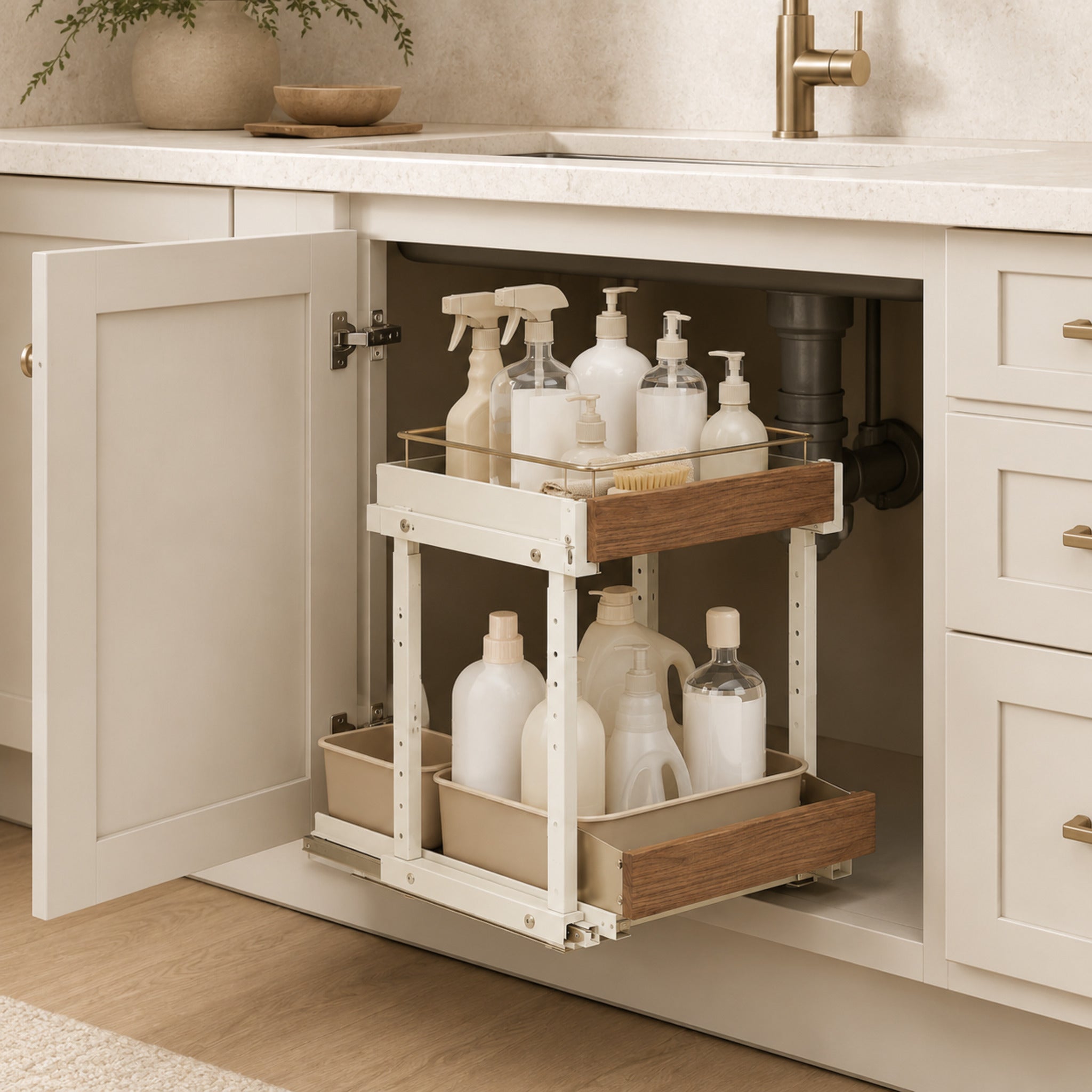 Organiseur sous évier Flex – Rangement coulissant modulable crème