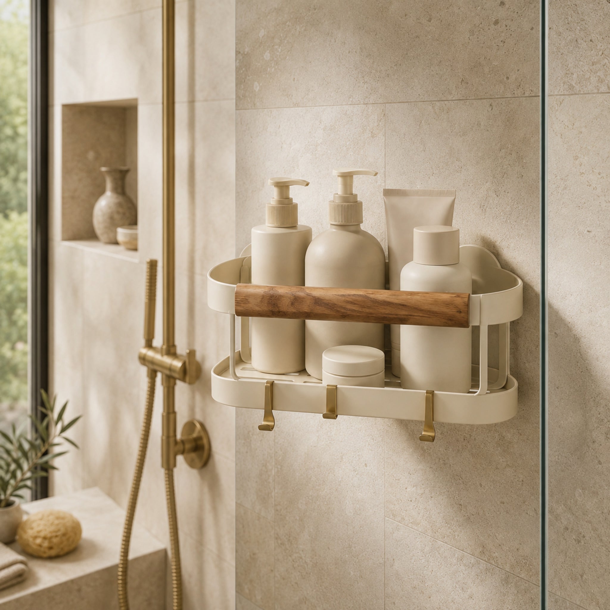 Panier de douche Élégance – Étagère murale champagne anti-humidité