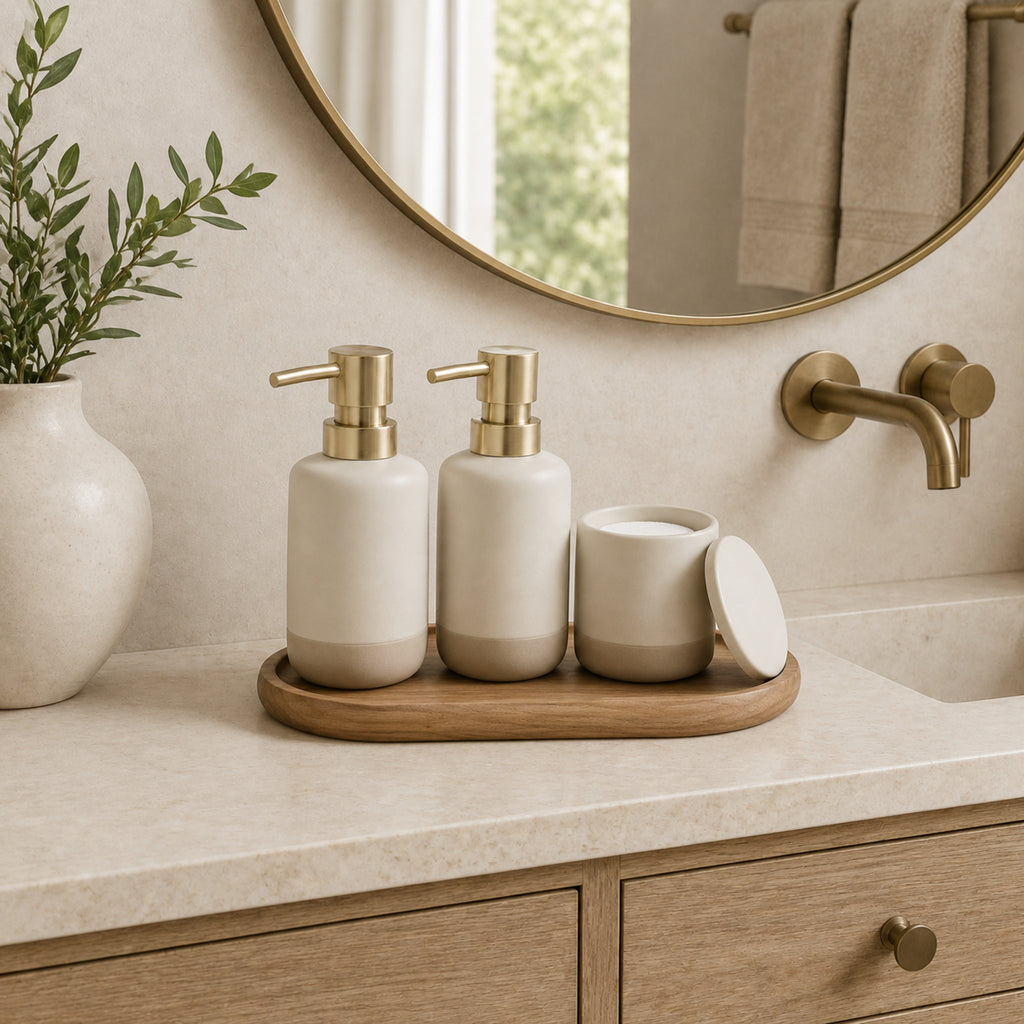 Distributeur & Plateau Harmonie – Set lavabo ivoire et noyer clair