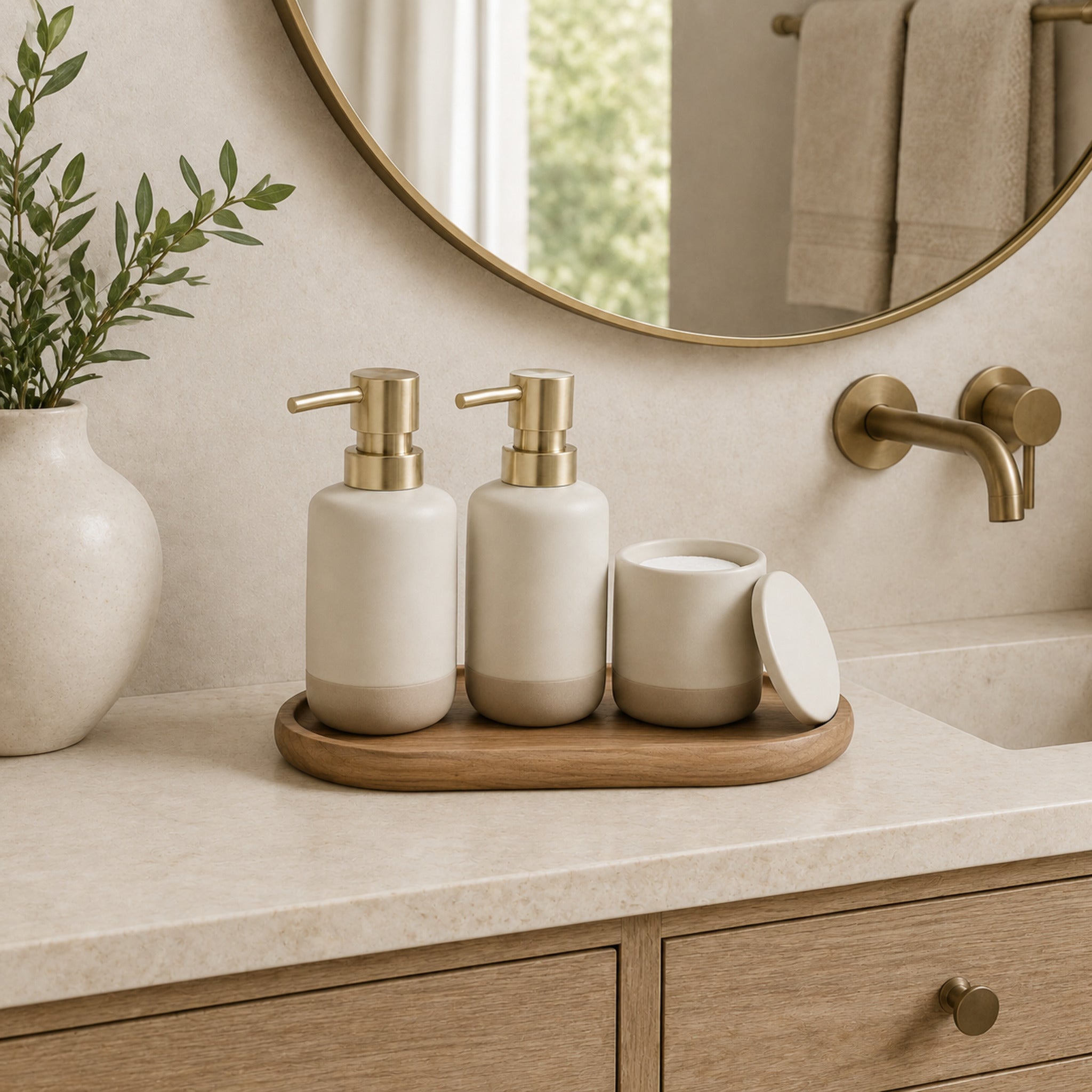 Distributeur & Plateau Harmonie – Set lavabo ivoire et noyer clair