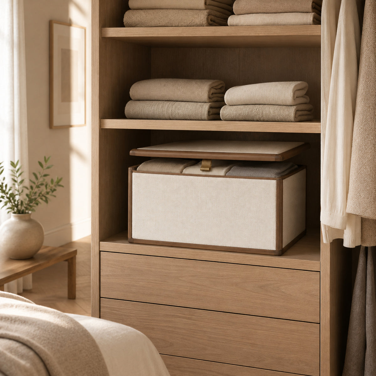 Boîte textile Élégance – Rangement souple crème avec poignée champagne