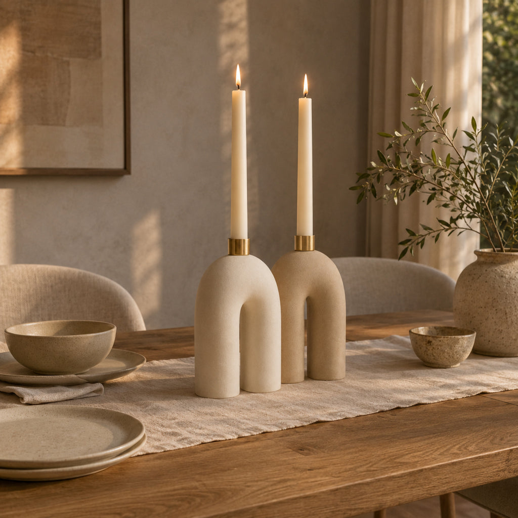 Bougeoir Arche – Duo sculptural ivoire et champagne
