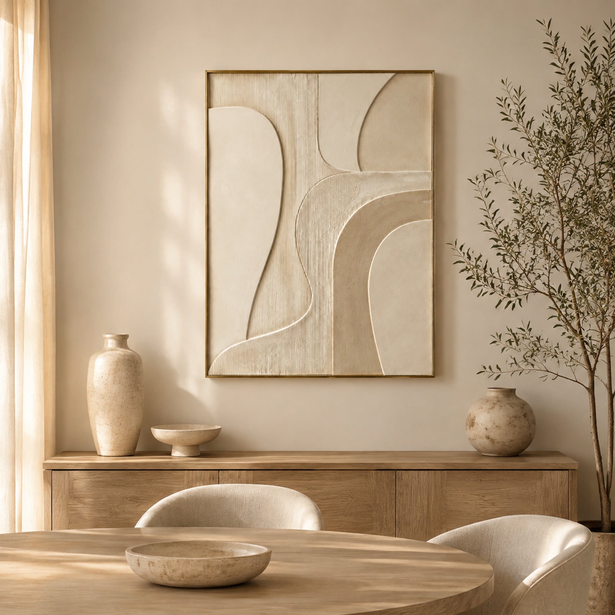 Tableau Relief Sable – Œuvre murale texturée ivoire et champagne