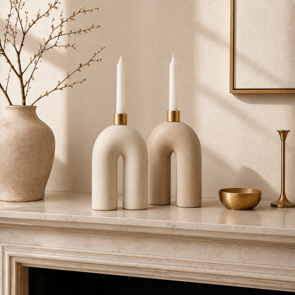 Bougeoir Arche – Duo sculptural ivoire et champagne