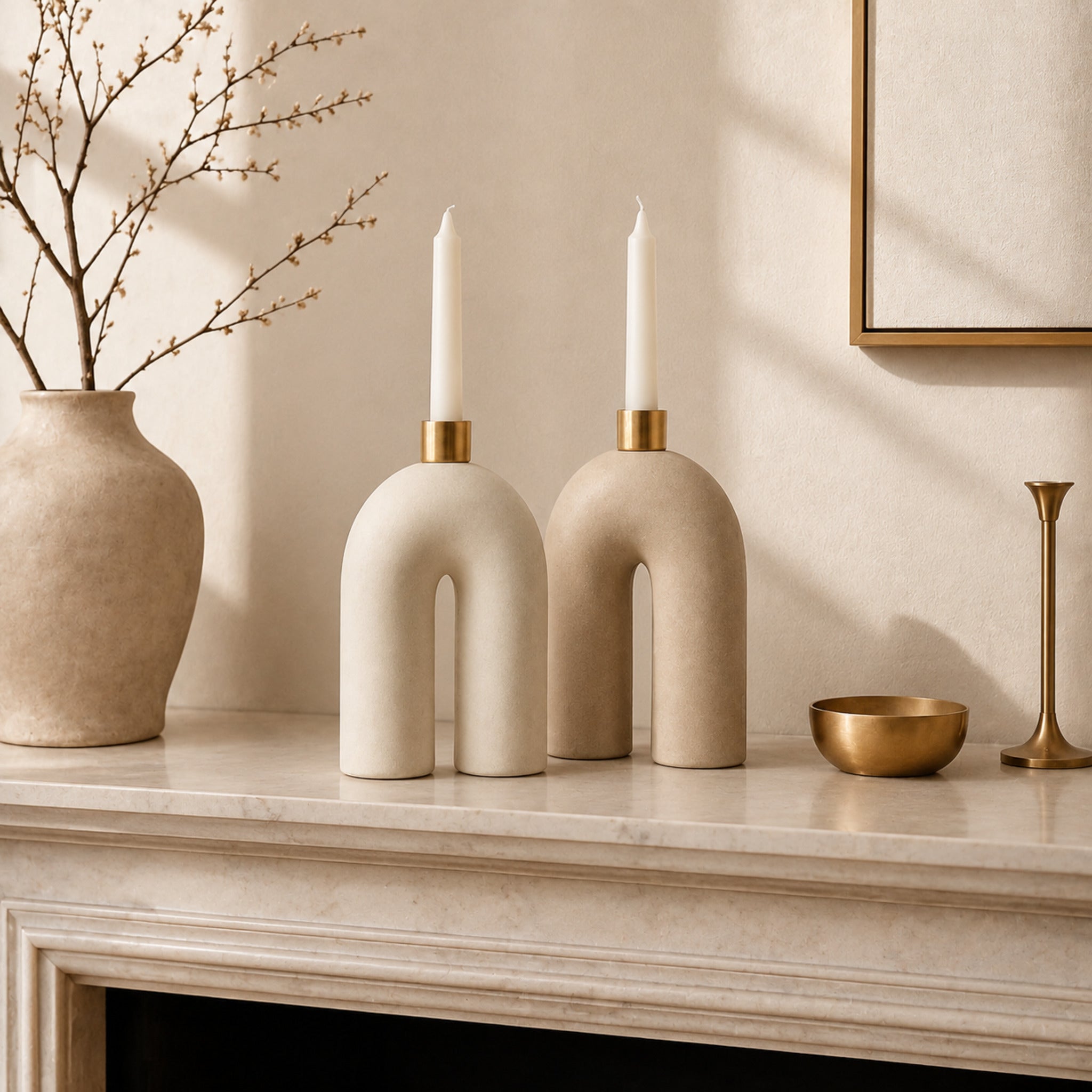 Bougeoir Arche – Duo sculptural ivoire et champagne