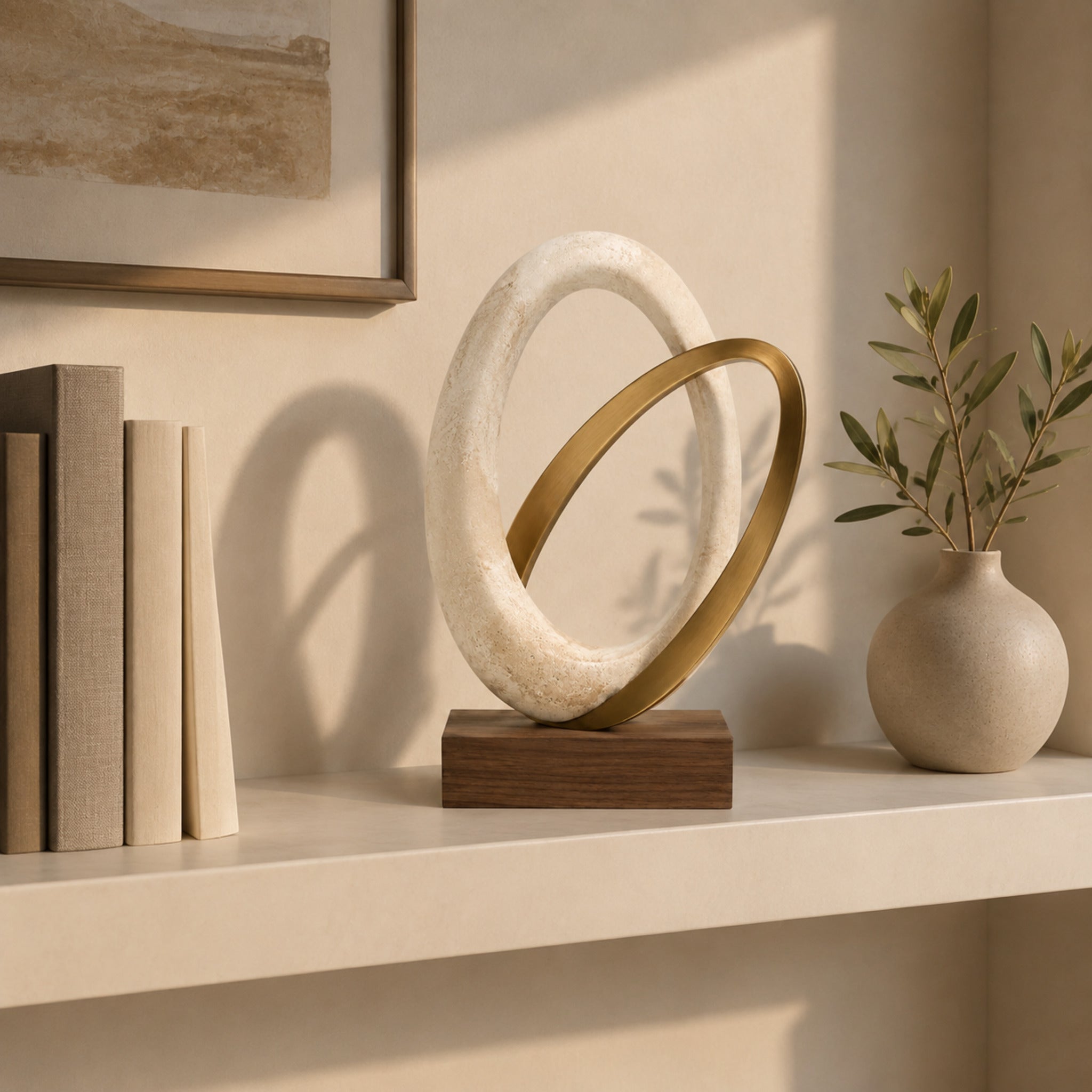 Sculpture Halo – Objet décoratif circulaire champagne et noyer clair