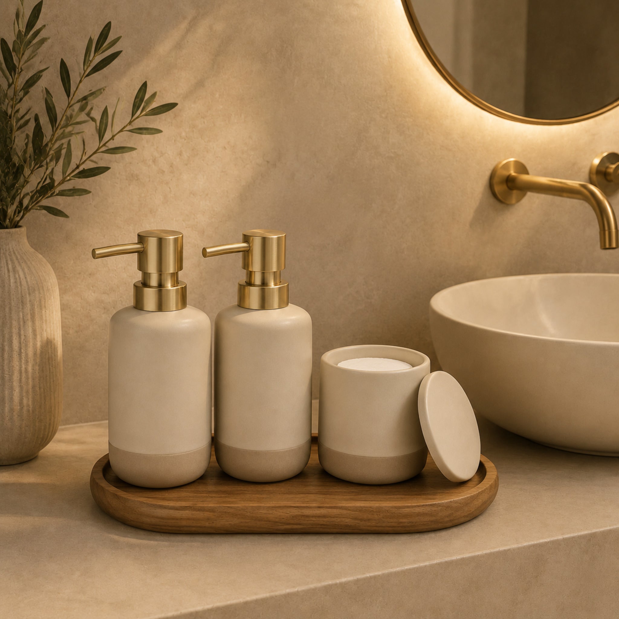 Distributeur & Plateau Harmonie – Set lavabo ivoire et noyer clair