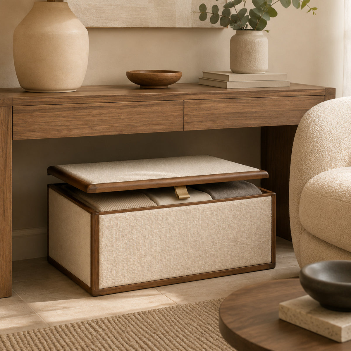 Boîte textile Élégance – Rangement souple crème avec poignée champagne